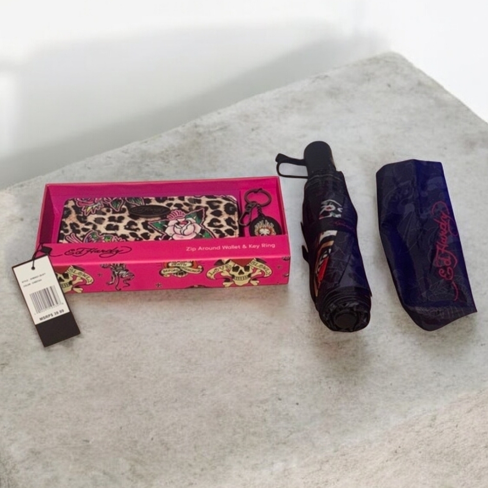 NWT Ed Hardy Leopard Print Wallet, Bag Charm, and Umbrella Set